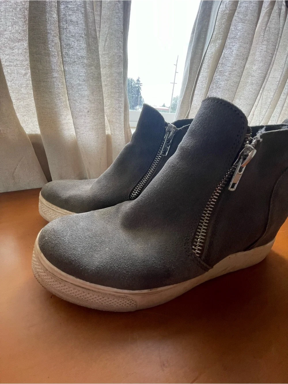 Women’s Gray Suede Wedge Sneakers with Side Zips